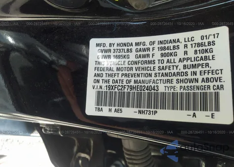 2017 Honda Civic Ex z USA, uszkodzony, nr VIN 19XFC2F79HE024043